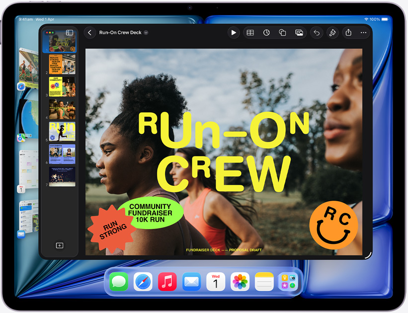 iPad Air, landscape orientation, screen displays Keynote presentation