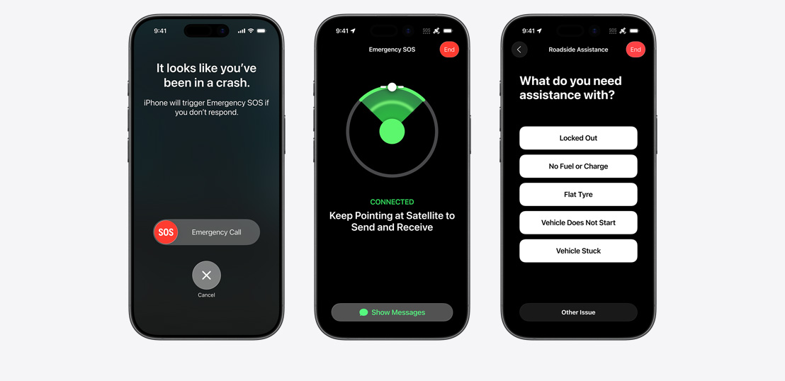 Side-by-side, iPhone screen showing Find My, Roadside Assistance widgets available via Satellite, iPhone screen showing Emergency SOS in use, iPhone screen showing Roadside Assistance in use