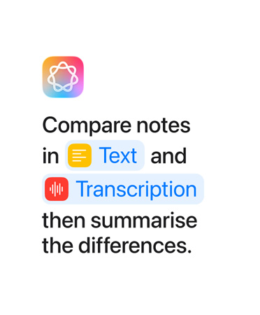 Compare notes in Text and Transcription then summarise the differences, with the words ‘Text’ and ‘Transcription’ highlighted in blue as they appear as they would in the Shortcuts app