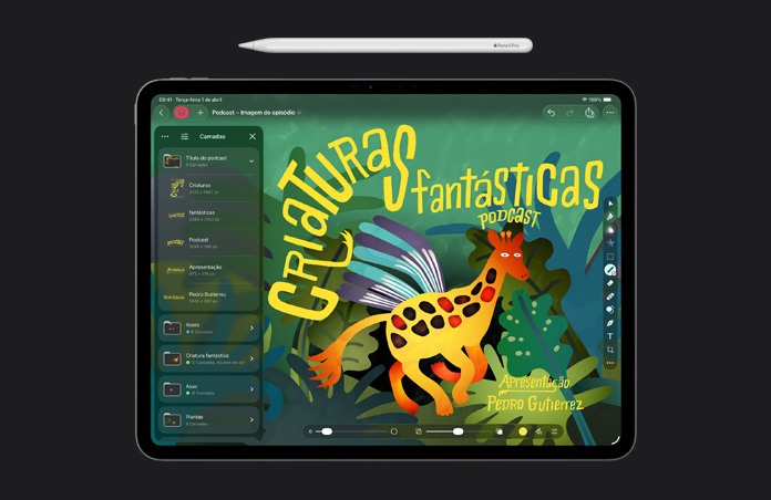 Apple Pencil, tela do iPad Pro de 13 polegadas, Pixelmator Pro, ilustração da capa de um episódio de podcast, ferramentas de sobreposição