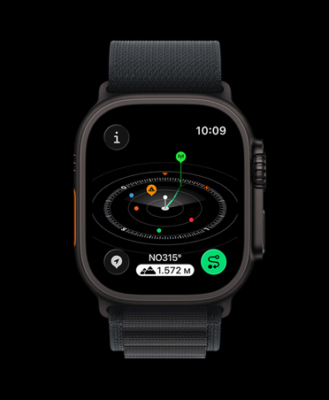 Apple Watch Ultra 3 com caixa preta de titânio, app Bússola, marcadores de pontos intermediários, pulseira loop Alpina preta
