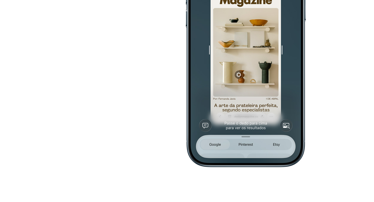 Parte da frente do iPhone Air mostrando o recurso inteligência visual em uso e os botões laterais