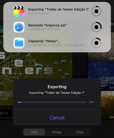 Uma lista de Atividades ao Vivo em andamento e em execução simultânea, incluindo a exportação de um trailer, o download de arquivos grandes e a transferência de “Notas” para “Backup”