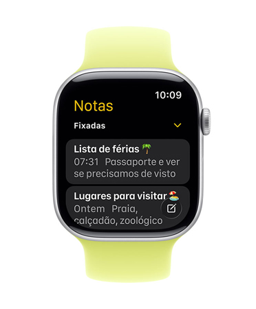 Mostrador do Apple Watch Series 11 exibindo o app Notas com duas notas fixadas.