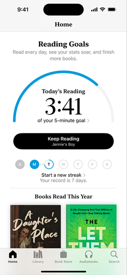 iPhone screen showing the Reading Goals interface in the Books app. At the top, there is a progress ring. Below the progress ring is the weekly reading streak tracker. At the bottom is the Books Read This Year section, which includes a row of two books, with an empty slot for a third