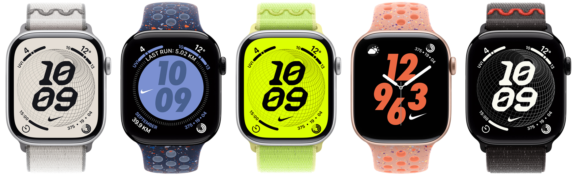 Apple Watch devices, Nike bands: veiled grey Nike Sport Loop, blue ribbon Nike Sport Band, volt splash Nike Sport Loop, alpenglow pink Nike Sport Band, midnight black Nike Sport Band, Nike watch faces: Globe, Hybrid, Bounce, Digital
