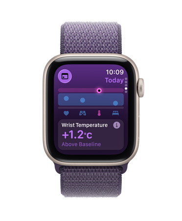 Apple Watch SE 3, aluminum case, starlight colour, wrist temperature metrics, right side exterior, Digital Crown, Sport Loop, purple fog colour