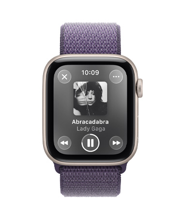 Apple Watch SE 3, aluminum case, starlight colour, media playback, Apple Music, right side, Digital Crown, band, Sport Loop, purple fog colour