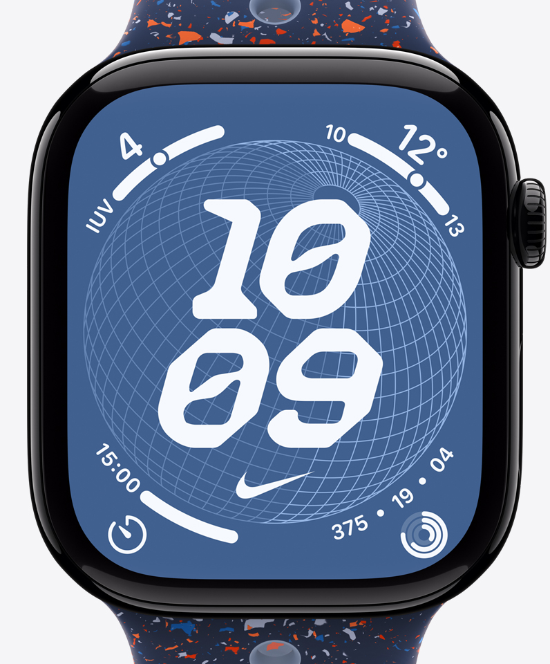 Cadran Globe Nike, heure, logo Swoosh de Nike, complications : indice UV, météo, minuteur, anneaux d’activité