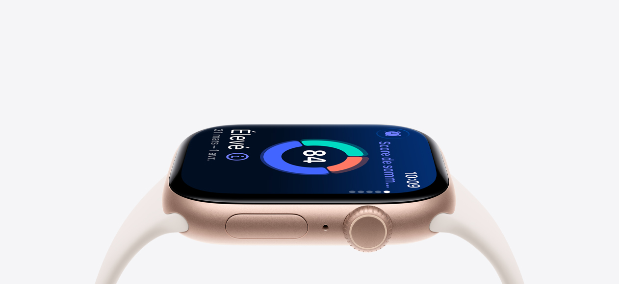 Apple Watch Series 11, or rose, boîtier en aluminium, score de sommeil, côté droit, Digital Crown, microphone, bouton latéral, bracelet sport comète