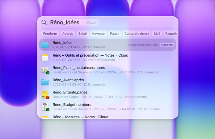 Spotlight en cours d’utilisation, la recherche réno idées génère plusieurs résultats de fichiers et dossiers liés à la rénovation