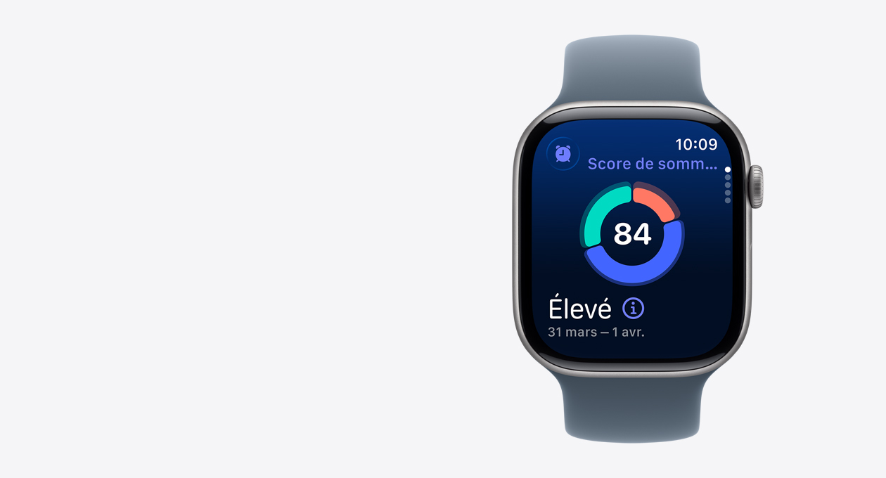 Apple Watch Series 11, gris cosmique, boîtier en aluminium, écran affichant le score de sommeil