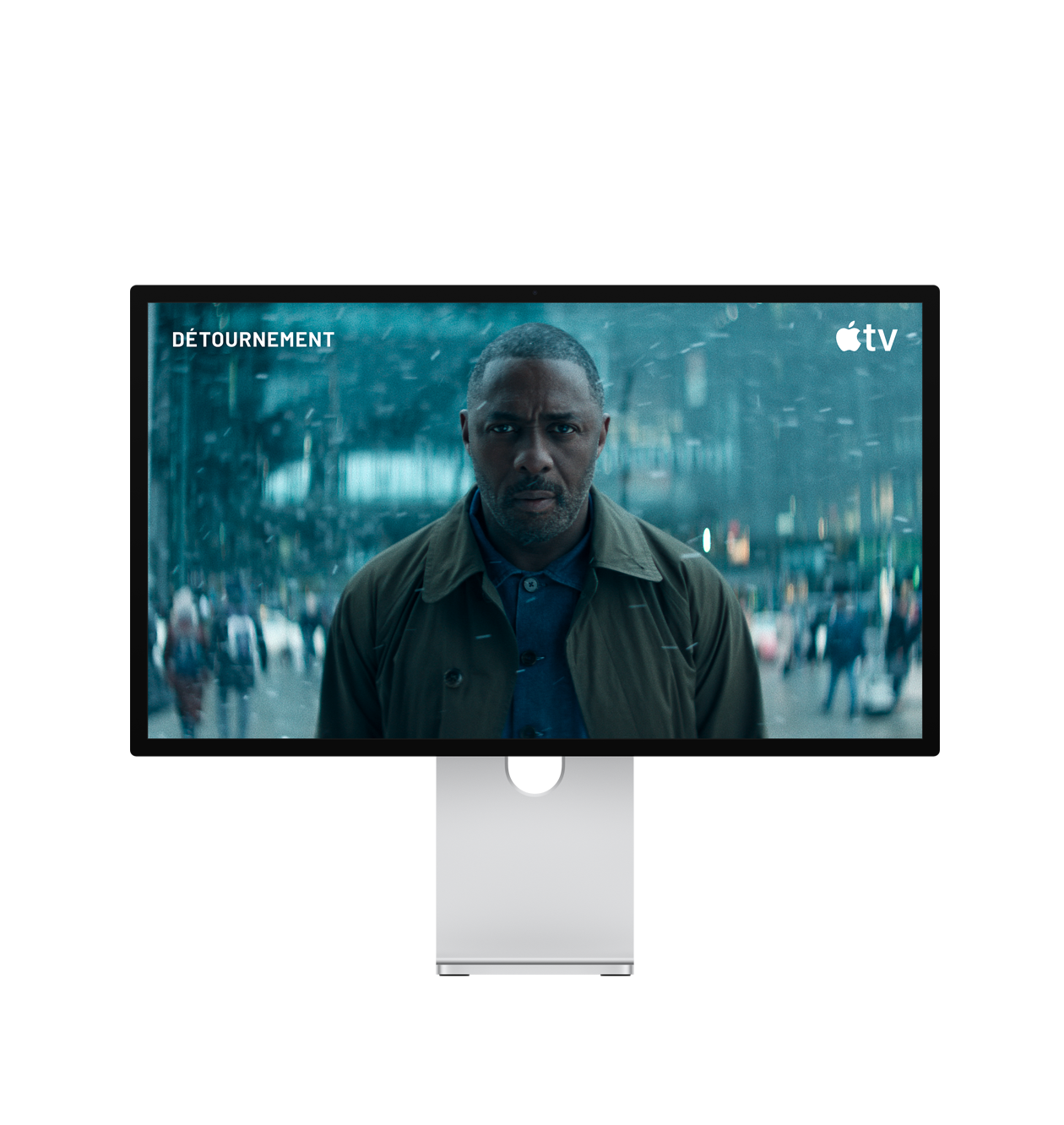 Un Studio Display XDR entouré d’illustrations d’ondes sonores, une scène de la série Détournement est affichée à l’écran