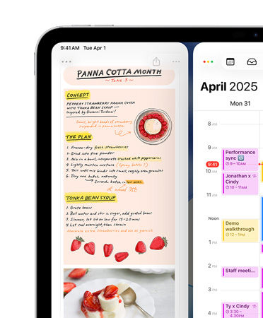 iPad, landscape orientation, top left screen shows Notes app and Calendar, arranged side-by-side, as example of window tiling