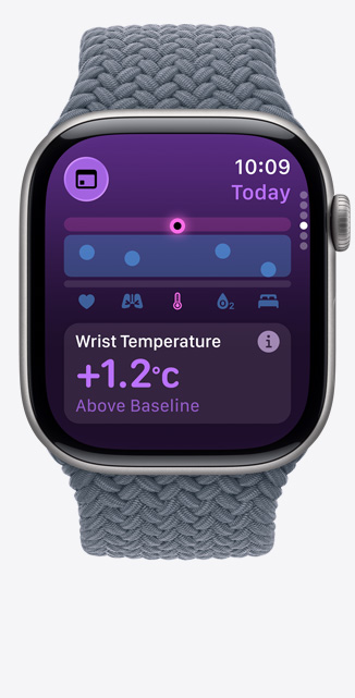 Apple Watch Series 11,  titanium case, slate colour, Vitals app, chart scoring health, wrist temperature above baseline notification, right side, Digital Crown, anchor blue Braided Solo Loop