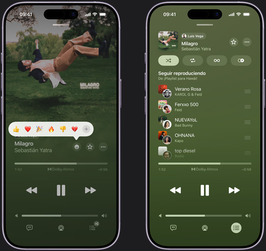 El iPhone a la izquierda muestra 'pijama.' de Paloma Morphy reproduciéndose en la pantalla del iPhone con opciones para reaccionar con emojis que incluyen pulgar hacia arriba, corazón, celebración, pulgar hacia abajo y un botón para elegir otras reacciones. El iPhone a la derecha muestra una playlist colaborativa llamada Hawaii Playlist con varias canciones agregadas por diferentes personas