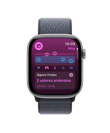 Apple Watch Series 11, gris espacial, caja de aluminio, app Signos Vitales, gráfica con puntuaciones de salud, notificación de valores anómalos de signos vitales nocturnos, parte lateral derecha, Digital Crown, correa loop deportiva, color gris oscuro