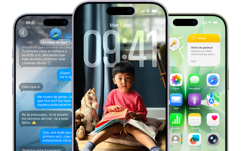 Dispositivos iPhone 17, parte frontal, colores: azul neblina, lavanda, salvia, funcionalidades de iOS - Fondo con mensajes, Liquid Glass muestra la pantalla de inicio y la pantalla bloqueada con varias apps