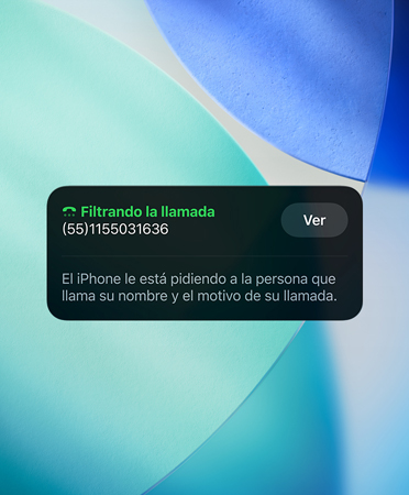 El Widget de la app Teléfono muestra la funcionalidad Revisión de Llamadas en una llamada entrante, con el nuevo fondo de pantalla en azul esmeralda, blanco y turquesa