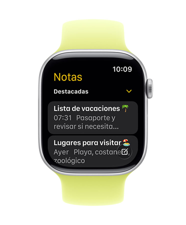 Apple Watch Series 11, en la pantalla se ve la app Notas, con dos notas destacadas