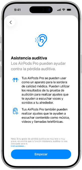 La pantalla inicial de Asistencia Auditiva.