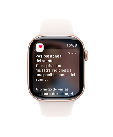 Apple Watch Series 11, color oro rosa, caja de aluminio, notificación de apnea del sueño ampliada, parte lateral derecha, Digital Crown, correa deportiva, color rosa rubor