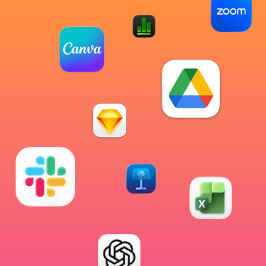 Íconos de apps de productividad como Slack, Canva, Google Workspace, Zoom, Chat GPT, Keynote, Excel y Numbers