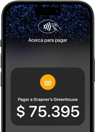 Primer plano de la pantalla de un iPhone que muestra el ícono de pago sin contacto e información sobre la transacción.
