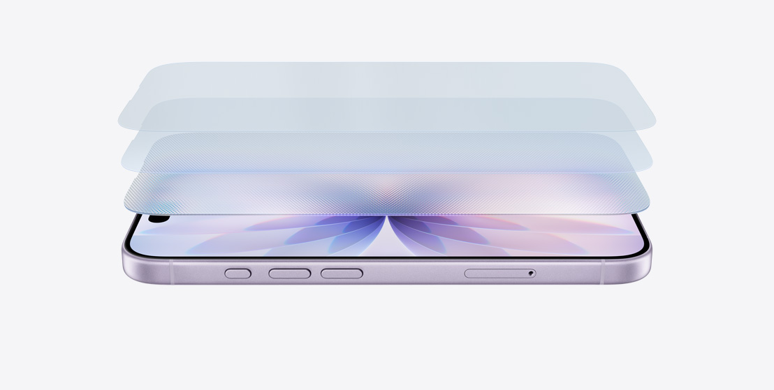 Vista en ángulo lateral de un iPhone 17 color lavanda en horizontal, con un diseño que muestra las capas de Ceramic Shield 2