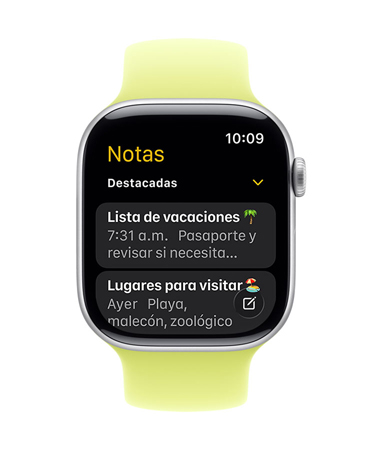 Apple Watch Series 11, en la pantalla se ve la app Notas, con dos notas destacadas