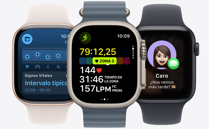 Tres modelos de Apple Watch: el del centro en color natural muestra mediciones cardiacas de un entrenamiento de carrera en curso; el de la derecha en negro azabache muestra un Genmoji; y el de la izquierda en color oro rosa muestra la app Signos Vitales