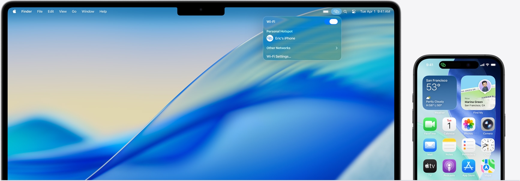 14palcový MacBook Pro, řádek nabídek s otevřeným Ovládacím centrem, připojení k Osobnímu hotspotu: Ericův iPhone, iPhone 16 se zeleným indikátorem osobního hotspotu v levém horním rohu obrazovky