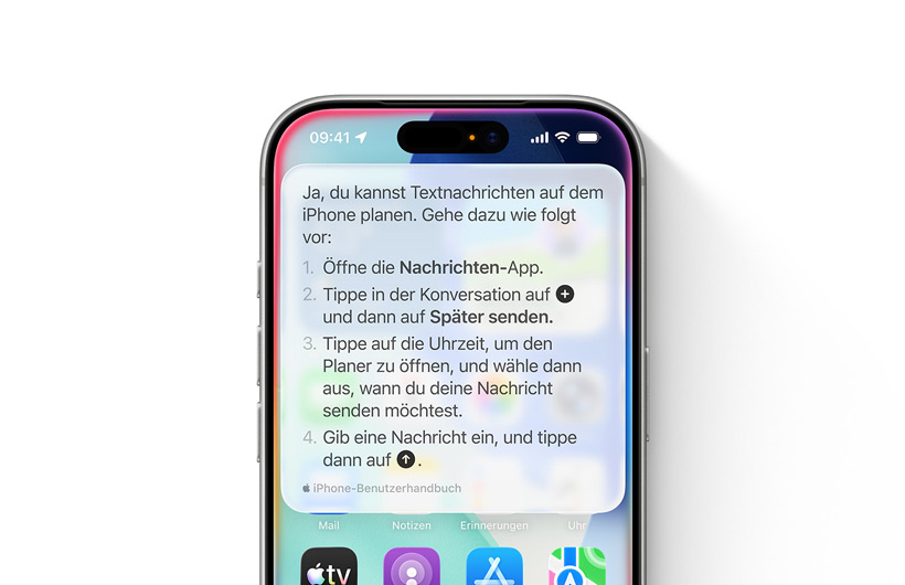 Ein iPhone zeigt eine Schritt-für-Schritt Anleitung, wie eine Textnachricht später gesendet werden kann