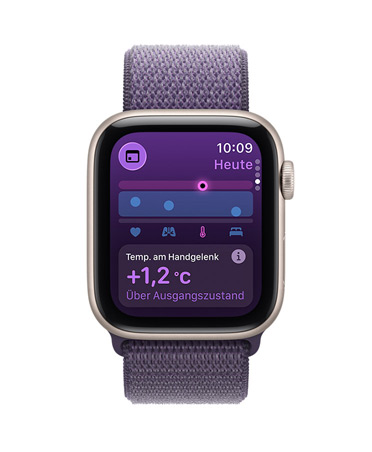 Apple Watch SE 3, Aluminiumgehäuse, Farbe Polarstern, Vitalzeichen App, Diagramm mit Gesundheitsindex, Benachrichtigungen über Abweichungen bei im Schlaf erfassten Vitalzeichen, rechte Seitenansicht, Digital Crown, Sport Loop, Farbe Nebelviolett