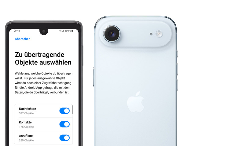 Ein Android Display zeigt die „Auf iOS übertragen“ App, daneben eine iPhone Air Rückseite, Fusion Kamera-System im erhöhten Plateau, Kamerablitz