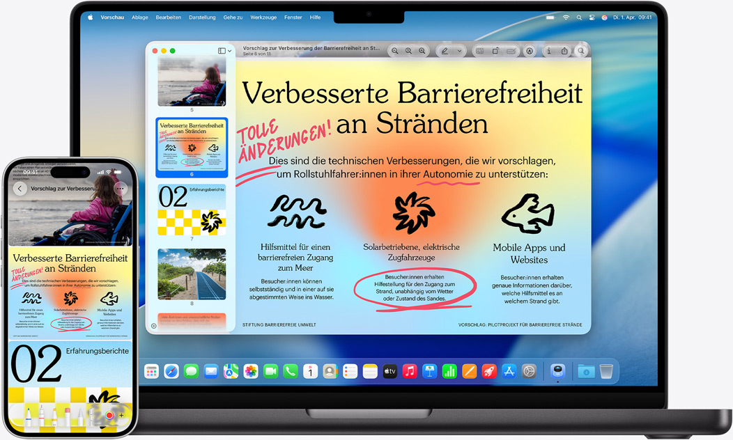 iPhone und MacBook nebeneinander, auf dem MacBook wird die iPhone Synchronisierung angezeigt. Oben im Display sind Kalender und Notizen Widgets, unten Apps.
