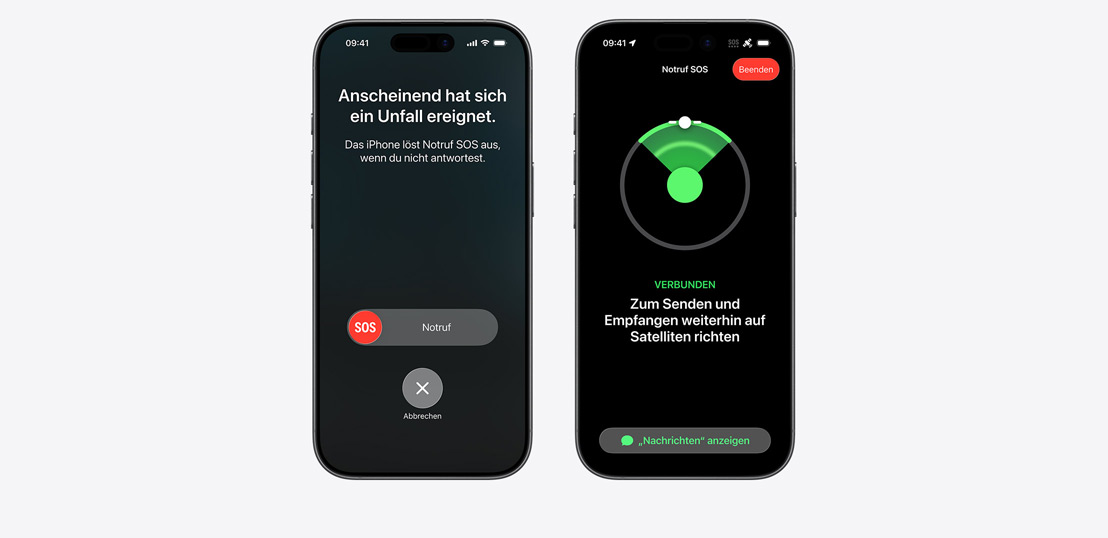 Nebeneinander angeordnete iPhone Displays, das linke zeigt die Unfallerkennung an, das rechte das aktivierte Notruf SOS