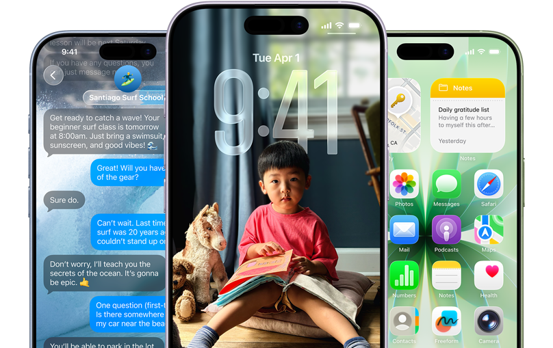 iPhone 17 seadmed, esikülg, värvitoonid: udusinine, lavendel, salvei, iOS-i funktsioonid: taust sõnumitega, Liquid Glass, mis näitab lukustuskuva ja avakeraani erinevate rakendustega