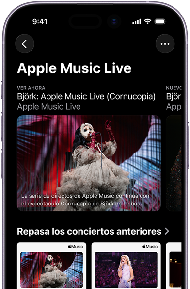 Pantalla de Apple Music Live en un iPhone que muestra Ver Ahora y actuaciones anteriores