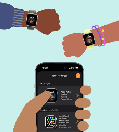 Apple Watch para tus Peques, ilustración, muñecas infantiles con Apple Watch SE 3 enlazados a un iPhone sostenido por una mano adulta