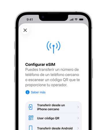 iPhone 17e, parte delantera, prestación Configurar eSIM para transferir un número de teléfono desde un teléfono cercano o escanear un código QR