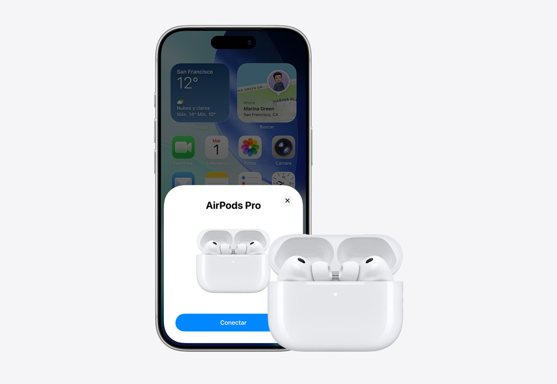 Parte delantera exterior de un iPhone, notificación para conectar unos AirPods en la pantalla, AirPods en un estuche abierto al lado del iPhone