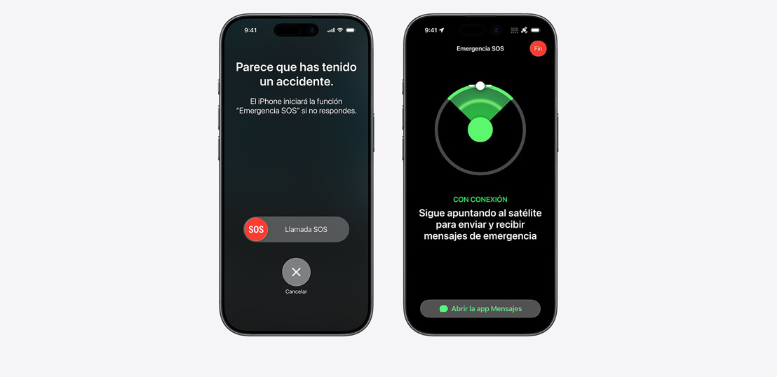 Dos iPhone uno al lado de otro, una pantalla muestra Detección de accidentes y la otra Emergencia SOS.