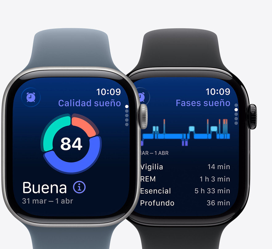 Vista frontal de dos Apple Watch Series 10 con la prestación Fases de Sueño en la pantalla y una notificación de posible apnea del sueño.