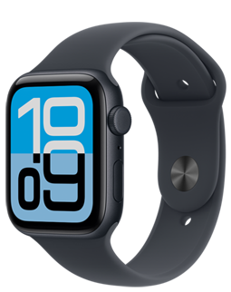 Apple Watch SE 3, aluminium case, midnight colour, Flux watch face, right side exterior, Digital Crown, microphone, side button, midnight Sport Band, midnight pin-and-tuck closure