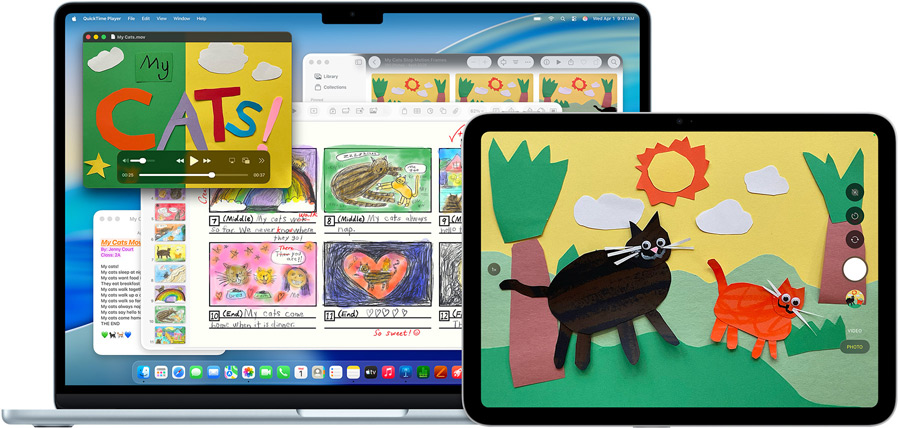 Ein Mac und ein iPad zeigen eine kreative Präsentation mit texturierten Tieren, um die Vielseitigkeit der Geräte zu demonstrieren