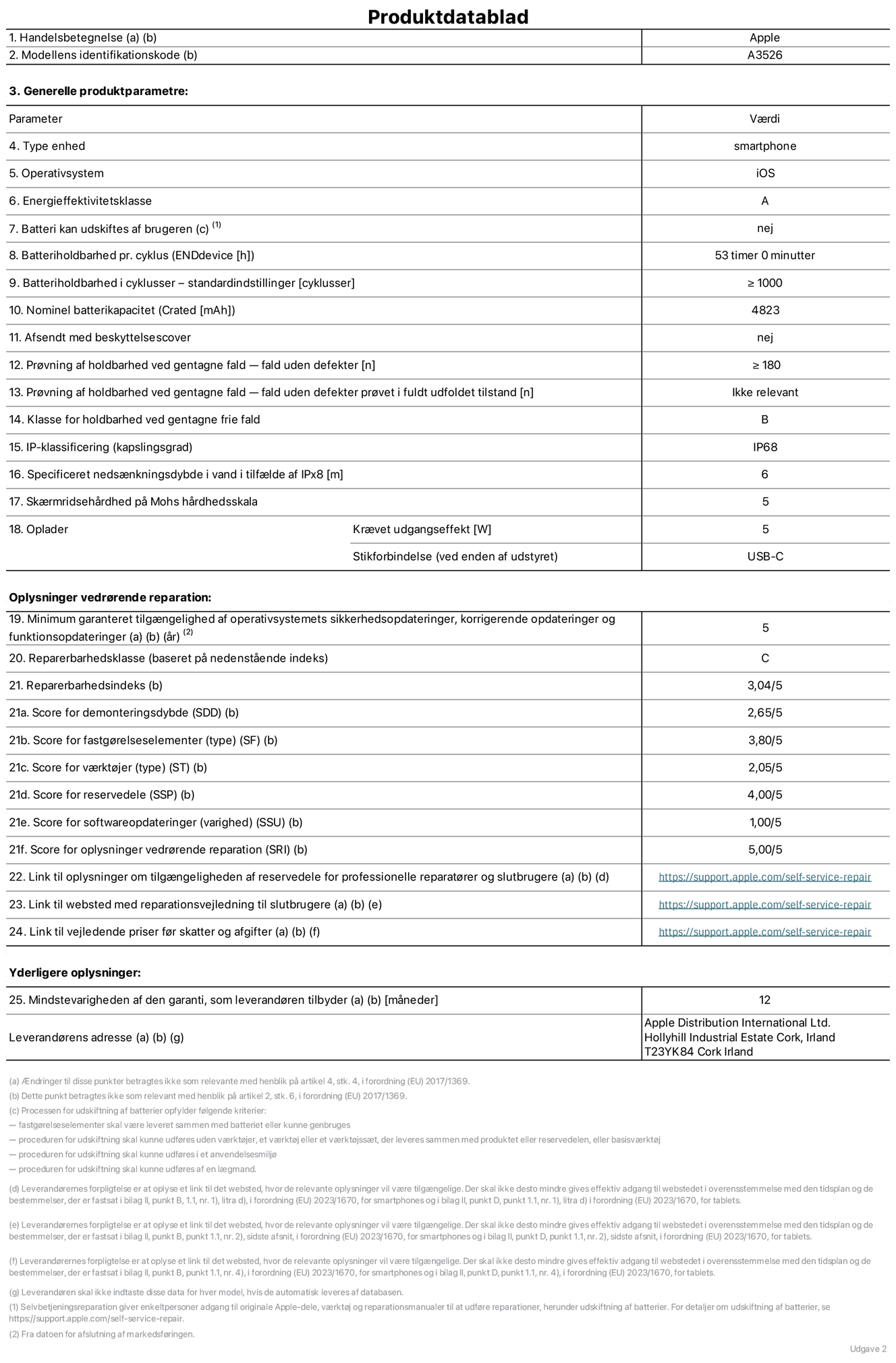 Produktdatablad til iPhone 17 Pro Max, model A3526. Leveret af Apple Distribution International Limited, Hollyhill Industrial Estate. Cork, Irland, T23 YK84. Enhedstype: smartphone. Styresystem: iOS. Energieffektivitetsklasse: A. Batteri kan udskiftes af brugeren: nej. Batteritid pr. cyklus: 53 timer. Batterilevetid i cyklusser – standardindstillinger: ≥ 1000. Nominel batterikapacitet: 4823 mAh. Leveres med beskyttelsescover: nej. Holdbarhedstest ved gentagne fald – fald uden defekt: ≥ 180. Holdbarhedstest ved gentagne fald – fald uden defekt testet i fuldt udfoldet tilstand: ikke relevant. Holdbarhedsklasse ved gentagne fald: B. Kapslingsklasse: IP68. Angivet nedsænkningsdybde i vand ved IPx8: 6 meter. Skærmens ridsefasthed på Mohs' hårdhedsskala: 5. Påkrævet udgangseffekt for oplader: 5 watt. Opladerstiktype (på enheden): USB-C. Garanteret minimumsperiode for tilgængelighed af sikkerhedsopdateringer, fejlrettelser og funktionsopdateringer til styresystemet: 5 år. Reparerbarhedsklasse: C. Reparationsindeks: 3,04/5. Score for demonteringsdybde (SDD): 2,65/5. Score for fastgørelseselementer: 3,80/5. Score for værktøj: 2,05/5. Score for reservedele: 4,00/5. Score for softwareopdateringer: 1,00/5. Score for reparationsoplysninger: 5,00/5. Weblink til oplysninger om tilgængeligheden af reservedele for professionelle reparatører og slutbrugere: https://support.apple.com/da-dk/self-service-repair. Weblink til vejledning i reparation for slutbrugere: https://support.apple.com/da-dk/self-service-repair. Weblink til vejledende priser før skatter og afgifter: https://support.apple.com/da-dk/self-service-repair. Produktet er omfattet af 12 måneders garanti.