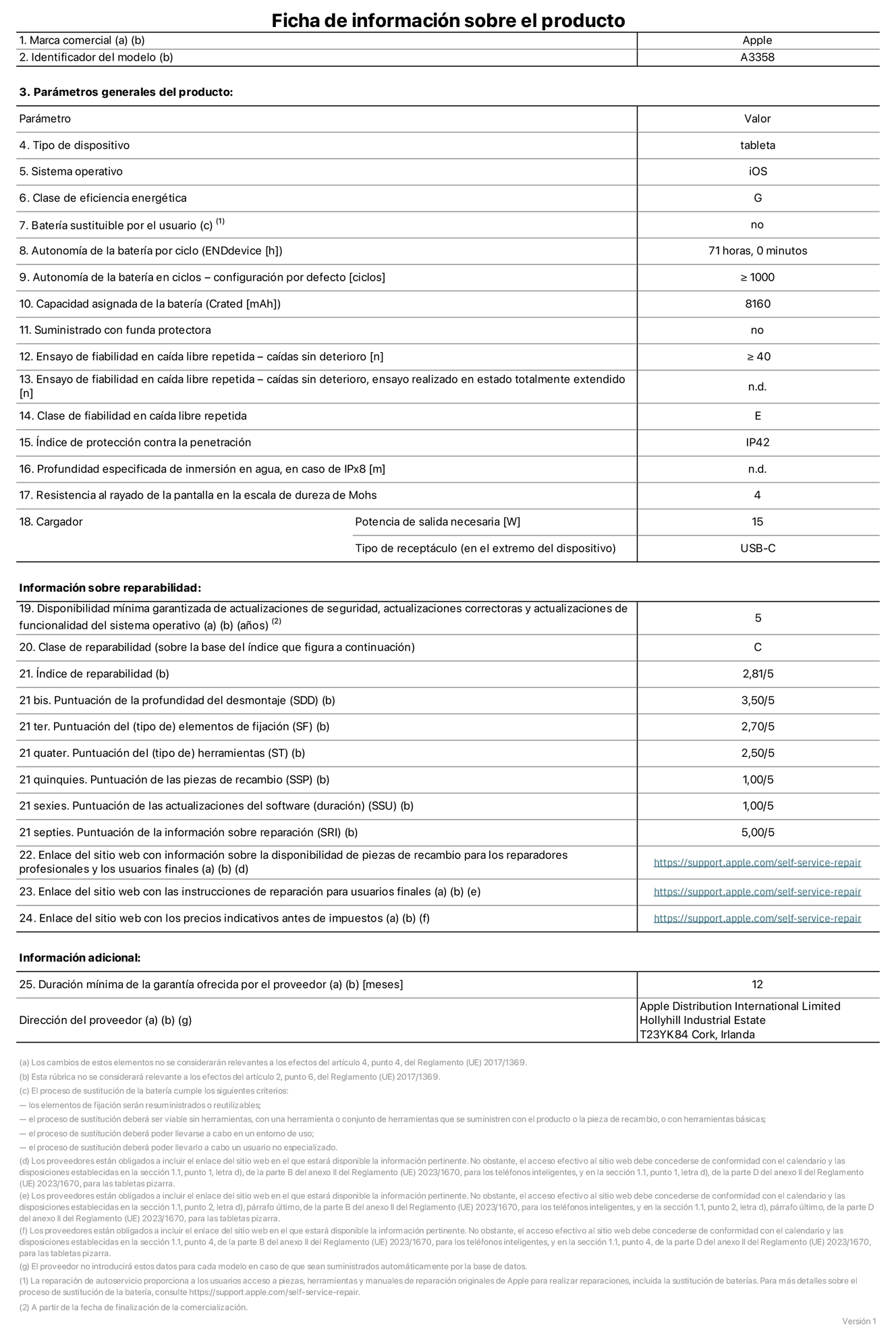 Ficha de información de producto del iPad Pro (M5, Wi‑Fi + Cellular) de 11 pulgadas, modelo A3358. Suministrado por Apple Distribution International Limited con sede en Hollyhill Industrial Estate, T23 YK84 Cork (Irlanda). Tipo de dispositivo: Tablet. Sistema operativo: iOS. Clase de eficiencia energética: G. Batería sustituible por el usuario: No. Autonomía de la batería por ciclo: 71 horas. Autonomía de la batería en ciclos (configuración por defecto): ≥ 1.000. Capacidad asignada de la batería: 8.160 mAh. Suministrado con funda protectora: No. Caídas sin deterioro en ensayo de fiabilidad en caída libre repetida: ≥ 40. Caídas sin deterioro en ensayo de fiabilidad en caída libre repetida realizado en estado totalmente extendido: No aplicable. Clase de fiabilidad en caída libre repetida: E. Índice de protección contra la penetración: IP42. Profundidad especificada de inmersión en agua, en caso de iPx8: No aplicable. Resistencia al rayado de la pantalla en la escala de dureza de Mohs: 4. Potencia de salida necesaria del cargador: 15 W. Tipo de receptáculo del cargador (en el extremo del dispositivo): USB‑C. Disponibilidad mínima garantizada de actualizaciones de seguridad, correctoras y de funcionalidad del sistema operativo: 5 años. Clase de reparabilidad: C. Índice de reparabilidad: 2,81/5. Puntuación de la profundidad del desmontaje (SDD): 3,50/5. Puntuación de los elementos de fijación: 2,70/5. Puntuación de las herramientas: 2,50/5. Puntuación de las piezas de recambio: 1,00/5. Puntuación de las actualizaciones de software: 1/5. Puntuación de la información sobre reparación: 5/5. Enlace del sitio web con información sobre la disponibilidad de piezas de recambio para reparadores profesionales y usuarios finales: https://support.apple.com/self-service-repair. Enlace del sitio web con las instrucciones de reparación para usuarios finales: https://support.apple.com/self-service-repair. Enlace del sitio web con los precios indicativos antes de impuestos: https://support.apple.com/self-service-repair. Se ofrece una garantía general de 12 meses.