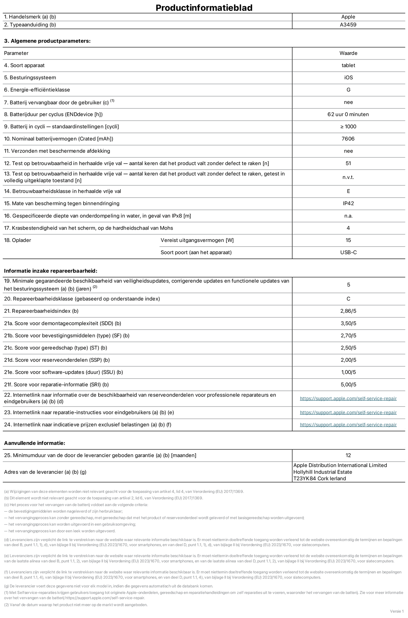 Productinformatieblad voor 11‑inch iPad Air (Wi‑Fi), model A3459. Verstrekt door Apple Distribution International Limited, Hollyhill Industrial Estate. Cork, Ierland, T23 YK84. Type device: tablet. Besturingssysteem: iOS. Energie-efficiëntieklasse: G. Batterij door de gebruiker te vervangen: nee. Batterijduur per cyclus: 62 uur. Batterijduur in cycli, standaardinstellingen: groter dan of gelijk aan 1000. Nominale batterijcapaciteit: 7606 mAh. Geleverd met beschermhoesje: nee. Herhaalde betrouwbaarheidstest voor vrije val, valpartijen zonder defect: 51. Herhaalde betrouwbaarheidstest voor vrije val, valpartijen zonder defect getest in volledig verlengde staat: niet van toepassing. Herhaalde vrije val betrouwbaarheidsklasse: E. Beschermingsklasse: IP42. Gespecificeerde dompeldiepte in water, in geval van iPx8: niet van toepassing. Krasbestendigheid van het scherm op de hardheidsschaal van Mohs: 4. Uitgangsvermogen vereist voor oplader: 15 watt. Type opladeraansluiting (aan het uiteinde van het device): USB‑C. Minimale gegarandeerde beschikbaarheid van beveiligingsupdates van het besturingssysteem, corrigerende updates en functionaliteitsupdates: 5 jaar. Repareerbaarheidsklasse: C. Repareerbaarheidsindex: 2,86/5. Score demontagediepte (SDD): 3,50/5. Score sluitingen: 2,70/5. Gereedschapsscore: 2,50/5. Score reserveonderdelen: 2,00/5. Score software-updates: 1,00/5. Score reparatiegegevens: 5,00/5. Weblink naar informatie over de beschikbaarheid van reserveonderdelen voor professionele reparaties en eindgebruikers: https://support.apple.com/self-service-repair. Weblink voor reparatie-instructies voor eindgebruikers: https://support.apple.com/self-service-repair. Weblink naar indicatieve prijzen vóór belasting: https://support.apple.com/self-service-repair. Inclusief 12 maanden algemene garantie.
