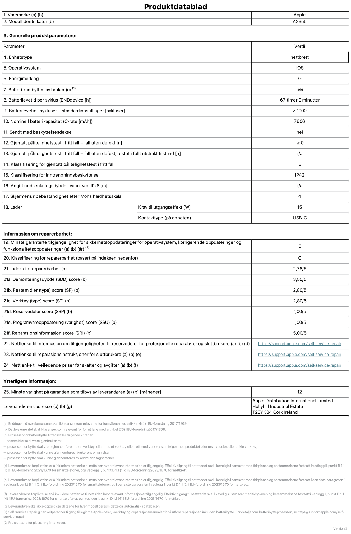 Produktdatablad for iPad Wi‑Fi + Cellular – modell A3355. Levert av Apple Distribution International Ltd, Hollyhill Industrial Estate. Cork, Irland T23 YK84. Enhetstype: nettbrett. Operativsystem: iOS. Energieffektivitetsklasse: G. Batteriet kan byttes av brukeren: nei. Batteriets holdbarhet: 67 timer. Batteriets holdbarhet i antall ladesykluser: ≥ 1000. Nominell batterikapasitet: 7606 mAh. Holdbarhetstest ved gjentatte fall – antall fall uten feil: ≥ 0. Holdbarhetsklasse ved gjentatte fall: E. Kapslingsgrad: IP42. Skjermens ripefasthet på Mohs skala: 4. Krav til laderens utgangseffekt: 15 watt. Laderens stikkontakt: USB-C. Minstegaranti for tilgang på sikkerhetsoppdateringer, feilrettinger og funksjonsoppdateringer til operativsystemet: 5 år. Reparerbarhetsklasse: C. Reparerbarhetsindeks: 2,78/5. Demontering: 3,55/5. Festeanordninger: 2,80/5. Verktøy: 2,80/5. Reservedeler: 1,00/5. Programvareoppdateringer: 1,00/5. Informasjon om reparasjon: 5,00/5. Lenke til informasjon om tilgjengelighet for reservedeler for profesjonelle reparatører og sluttbrukere: https://support.apple.com/self-service-repair. Lenke til reparasjonsveiledning for sluttbrukere: https://support.apple.com/self-service-repair. Lenke til veiledende priser ekskl. mva: https://support.apple.com/self-service-repair. Produktet omfattes av en 12-måneders generell garanti.